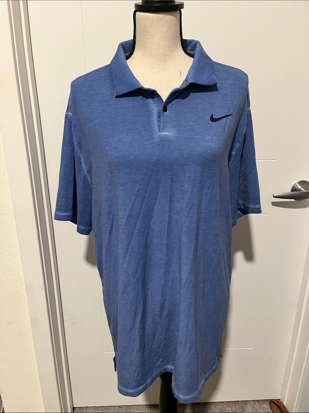 Nike Blue Distressed Black Swoosh Dri Fit Collar Polo Shirt Golf Gorpcore NWT